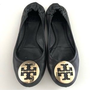 Tory Burch Black Reva Ballet Flat with Gold Emblem, Size 7